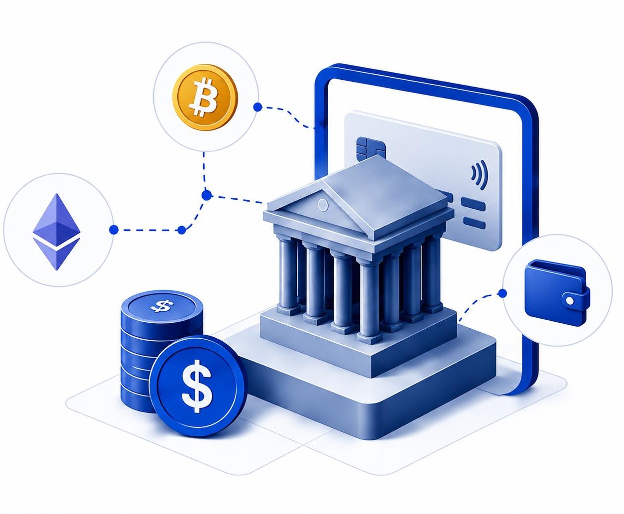 Illustration of a bank connected to a card, a digital wallet, and cryptocurrencies